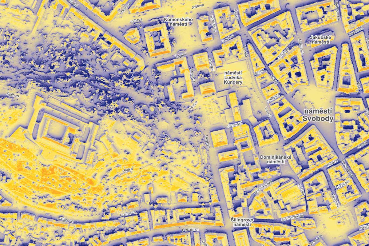 Mapa osvitu střech Brno